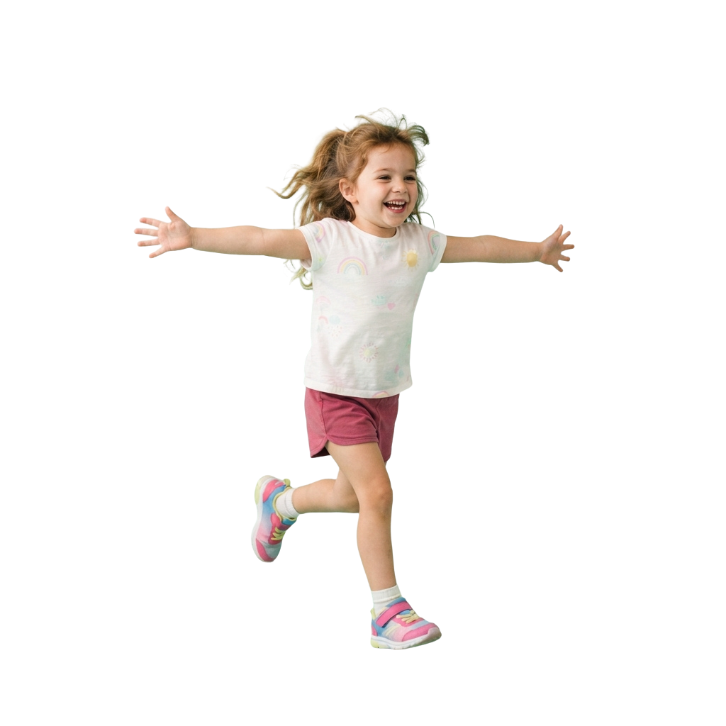 A young girl mid-jump with arms outstretched, smiling and wearing a white shirt, maroon shorts, and colorful sneakers