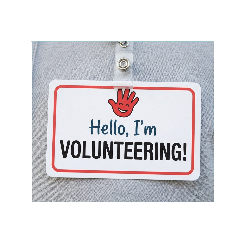 Name tag displaying Hello I'm Volunteering with a smiling hand emoji