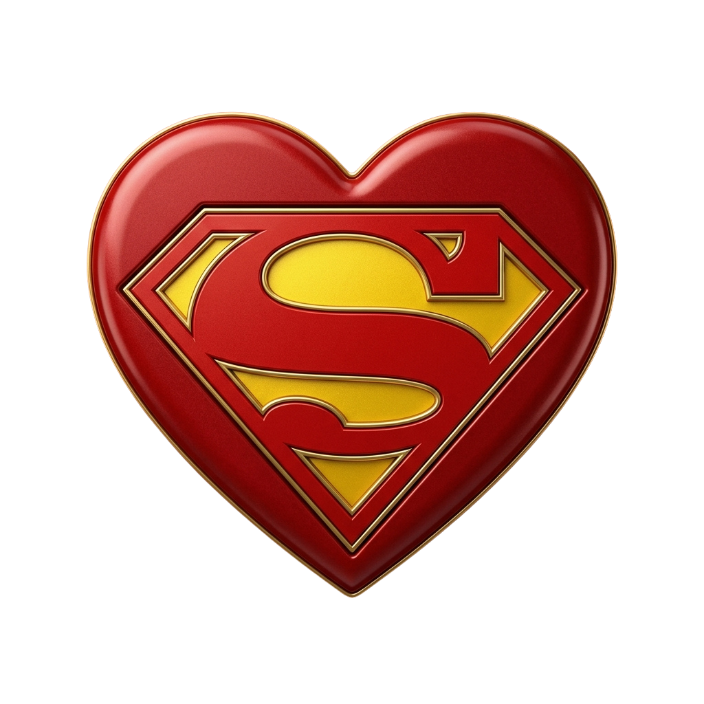 Red heart shape with a bold yellow superhero emblem featuring a stylized letter S