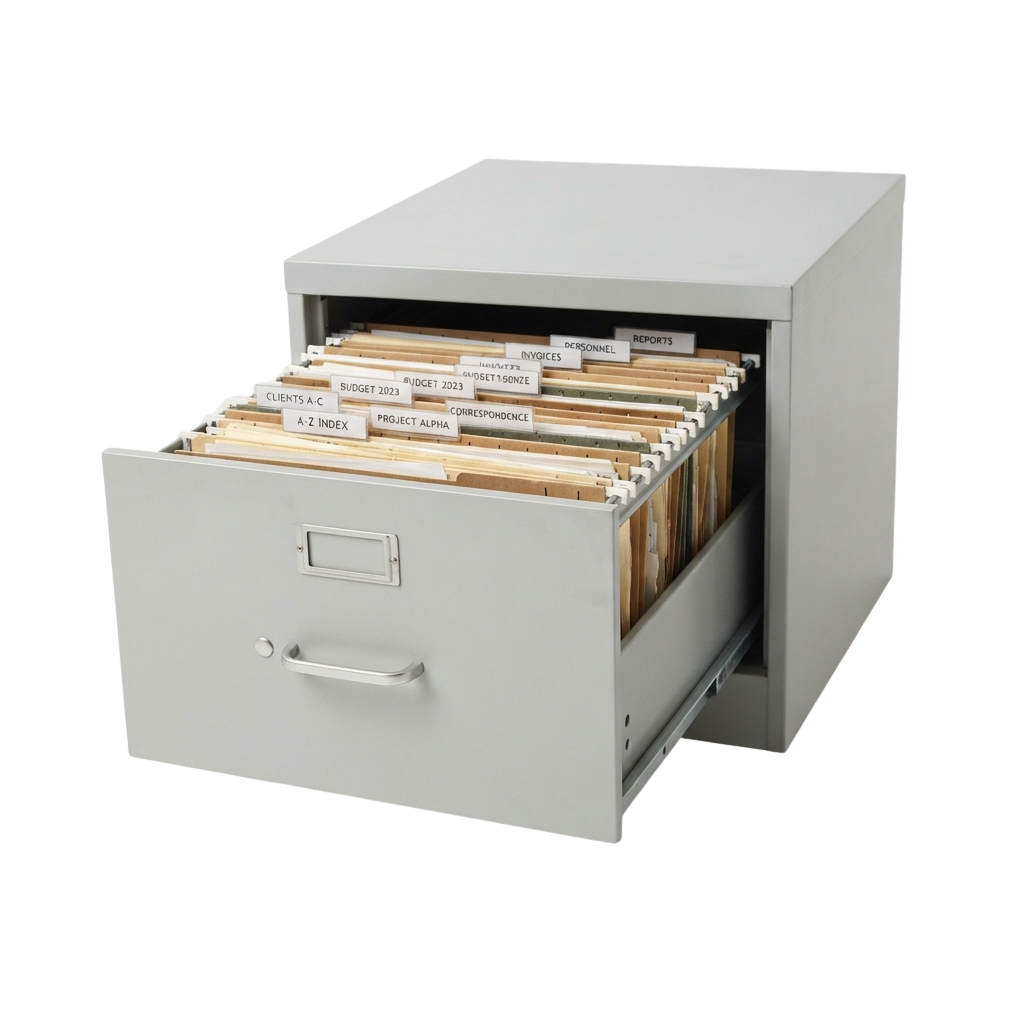 Open white filing cabinet displaying labeled hanging file folders in an orderly arrangement