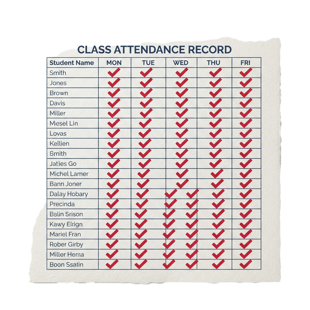 A weekly class attendance record showing student names and daily attendance marks with red checkmarks