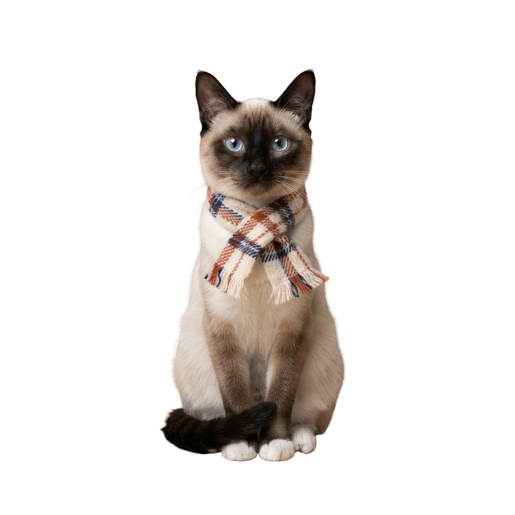 A Siamese kitten with blue eyes sitting and wearing a plaid scarf