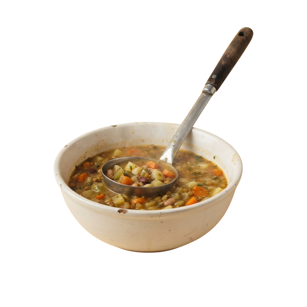 A ceramic bowl filled with hearty vegetable soup and a spoon resting inside it