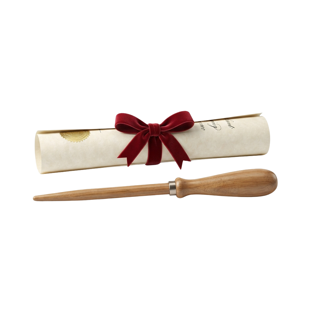 A wooden wand and a rolled diploma scroll tied with a red ribbon.