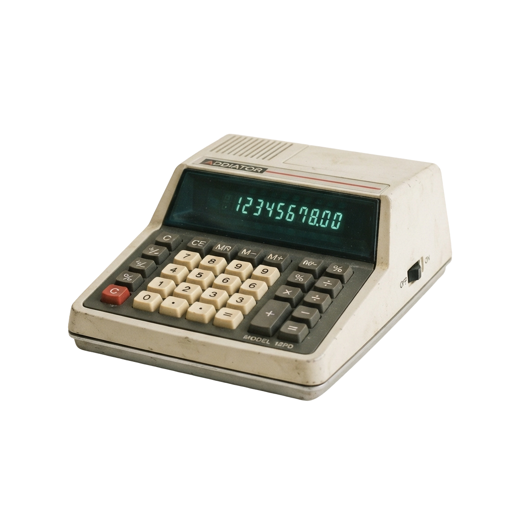 Old-style electronic calculator showing numbers 1234567800 on its screen with various function buttons