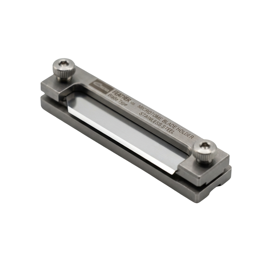 Adjustable stainless steel microtome blade holder with two screws for securing the blade