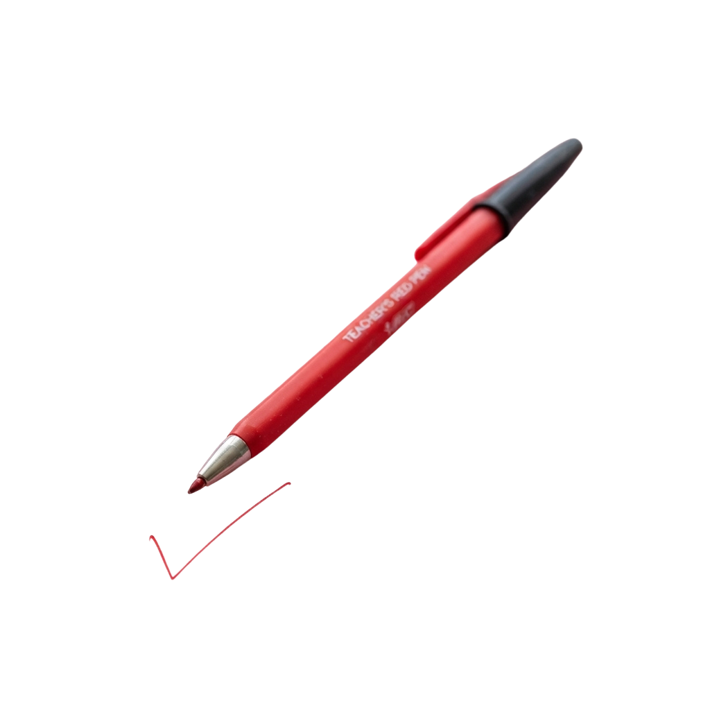 A red retractable ballpoint pen laying on its side with a small check mark drawn in red on a black background