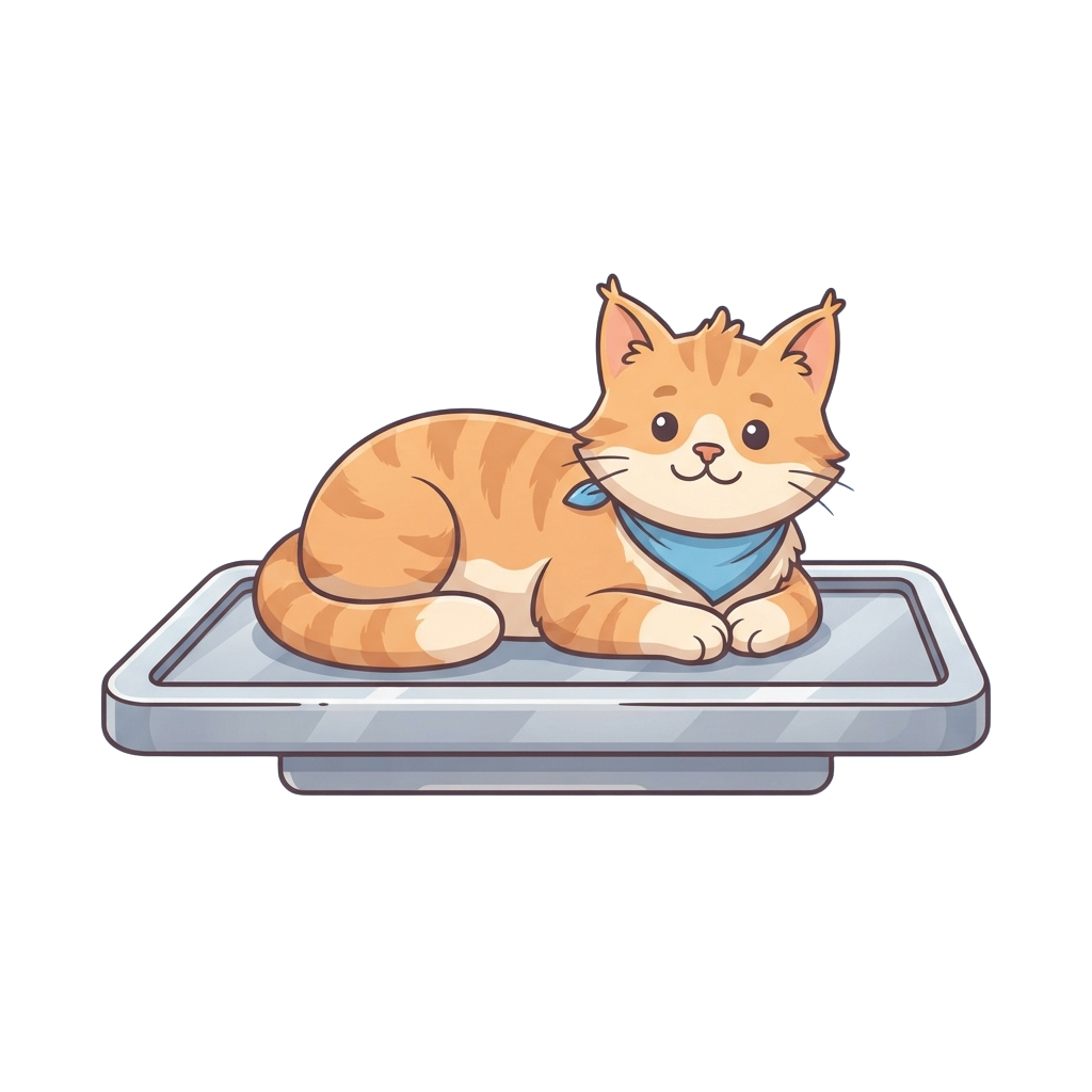 A cartoon ginger cat with a blue collar resting on a tablet device