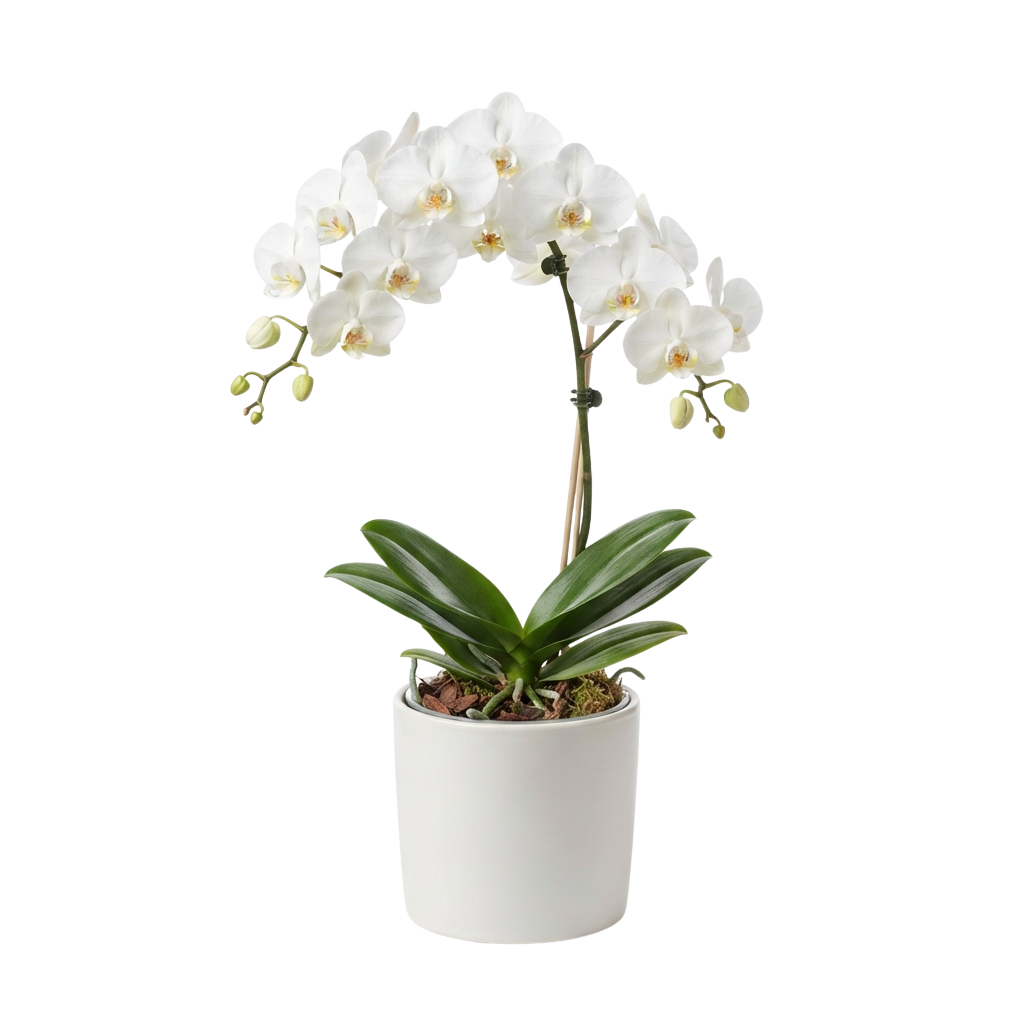 White orchid plant with multiple blooms in a white pot