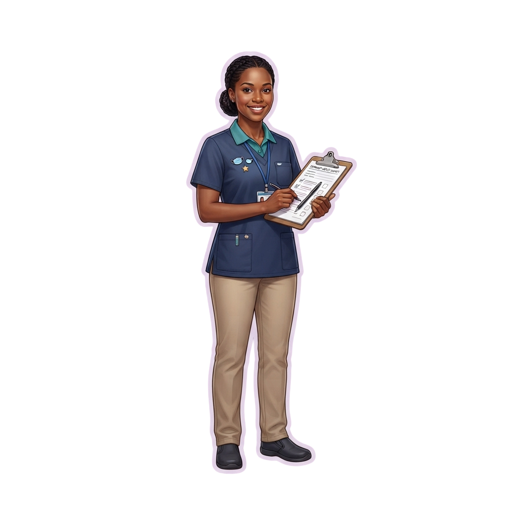 Smiling woman in professional uniform holding a clipboard, ready for customer service tasks