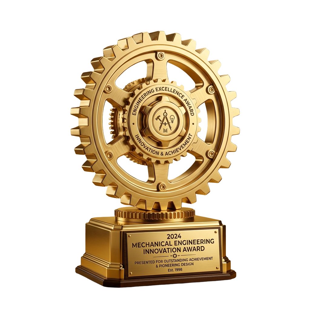 Golden mechanical engineering award trophy with interlocking gears and a plaque base