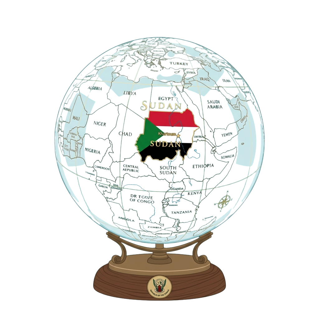Globe with Sudan highlighted and its national flag displayed prominently near the country’s location in Africa