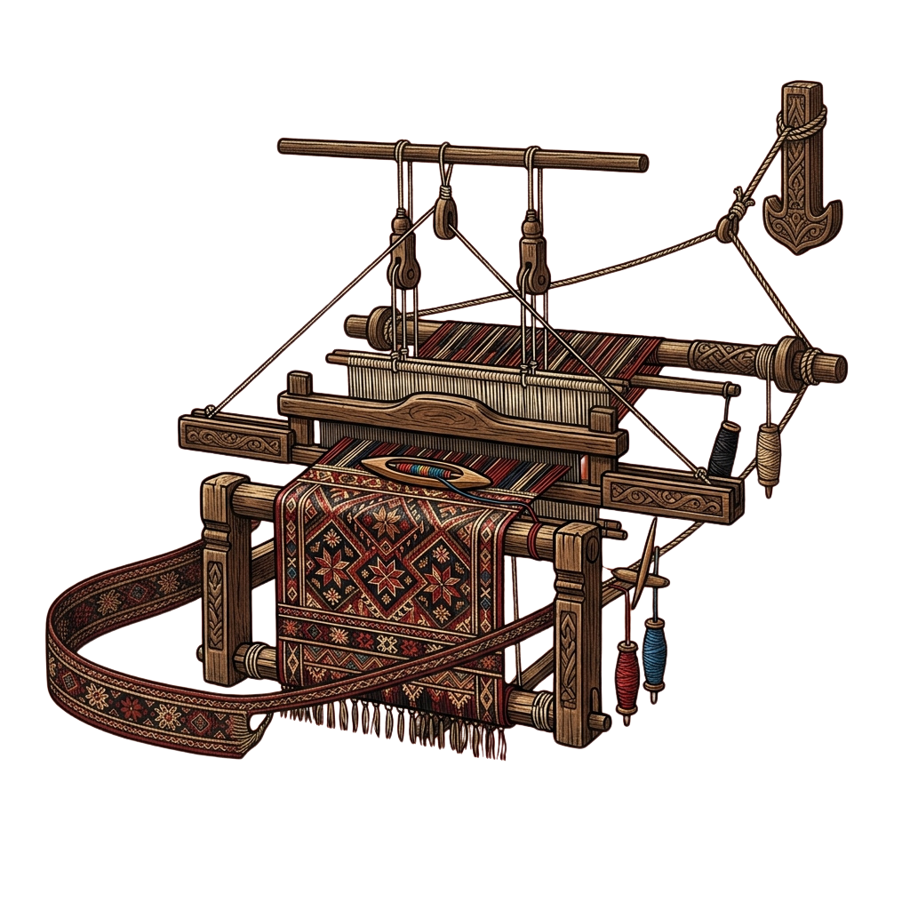 An ornate wooden handloom weaving machine displaying a colorful, geometric fabric pattern in progress.