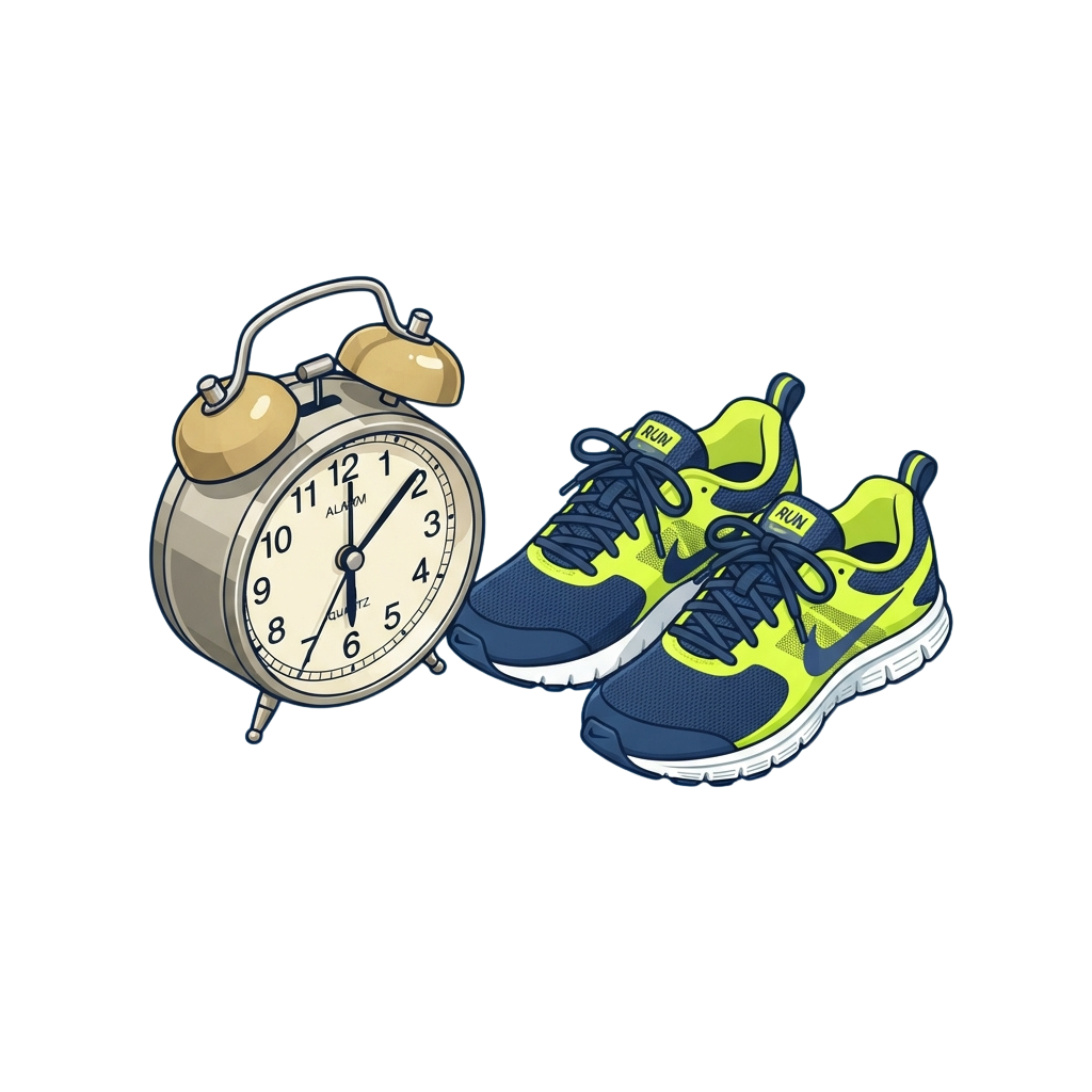 Illustration of a running shoe and an alarm clock on a dark background