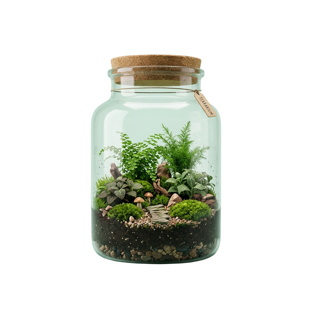 A glass jar terrarium containing lush green ferns, moss, small plants, and decorative stones with a cork lid