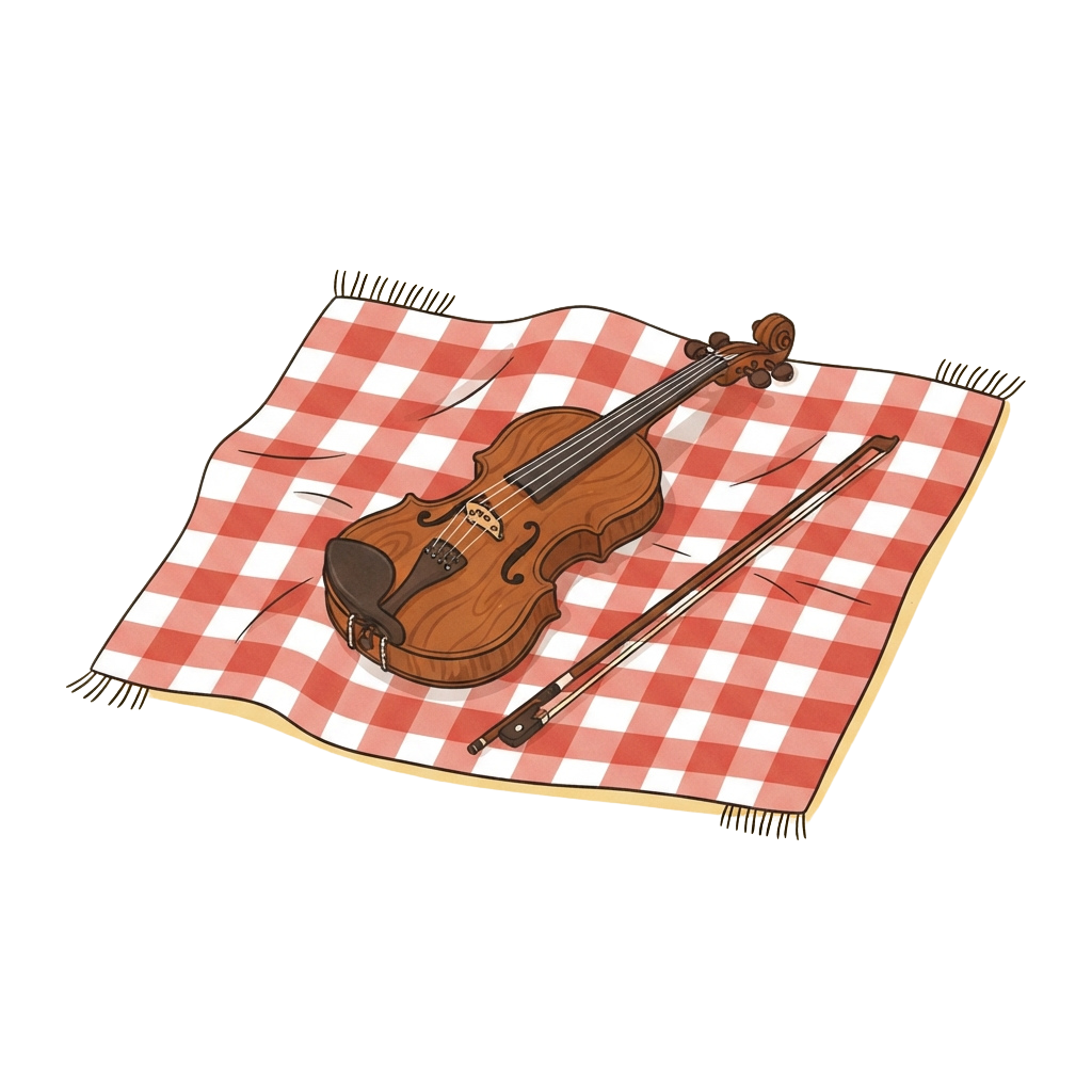 A wooden violin resting on a red and white checkered tablecloth