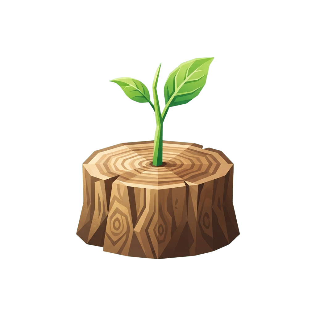 A green sprout with two leaves growing from the center of a brown tree stump