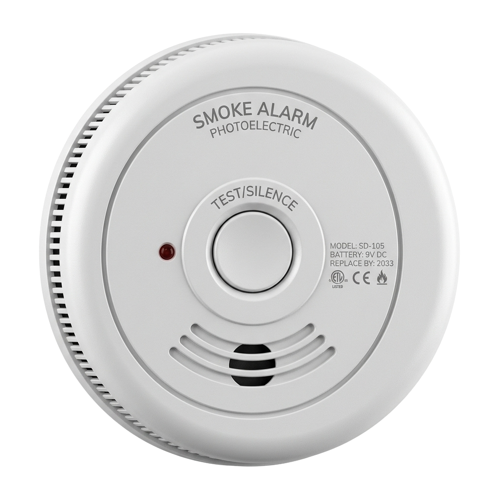 White photoelectric smoke alarm with test button and battery info label