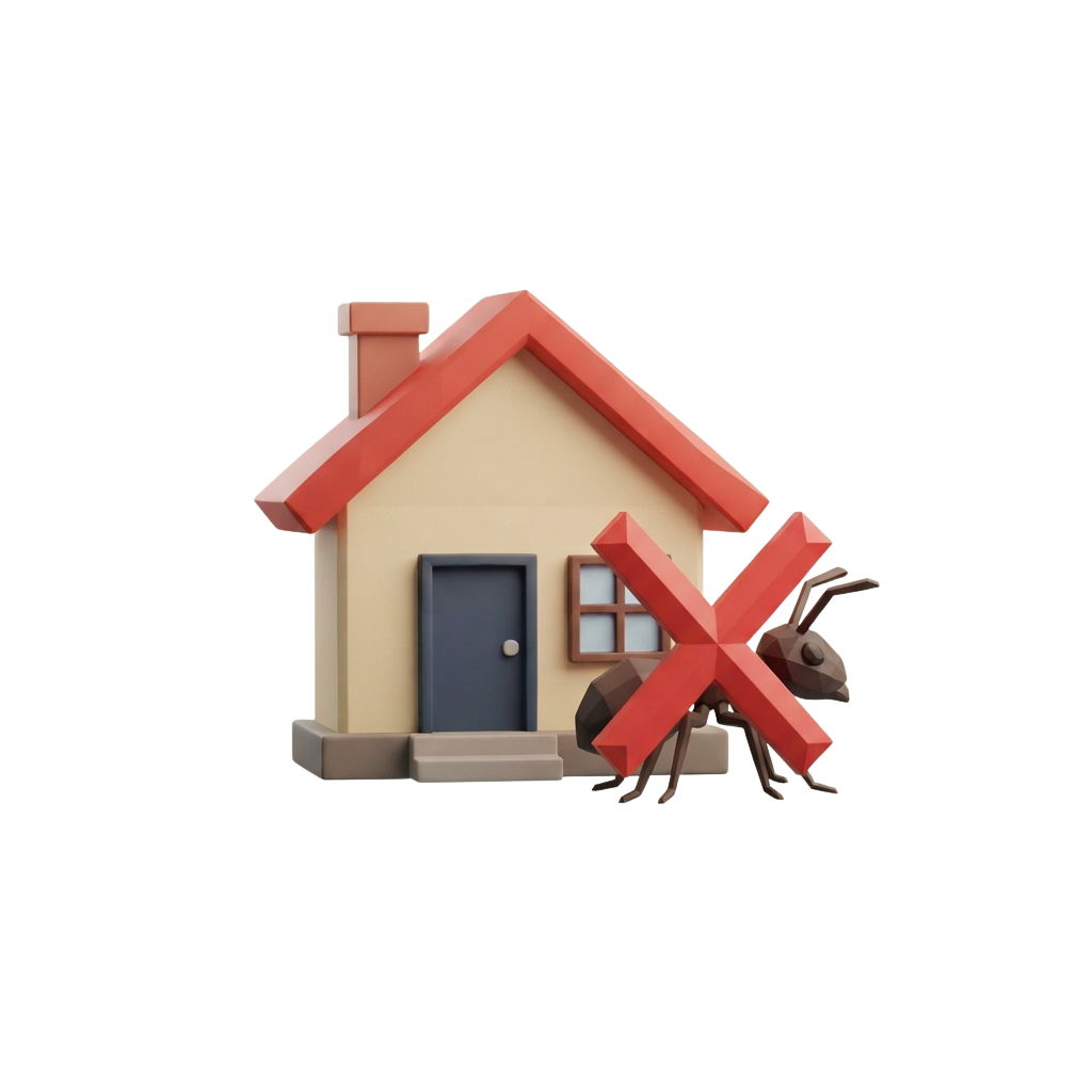 A cartoon ant climbing a small house with a red prohibition symbol overlay