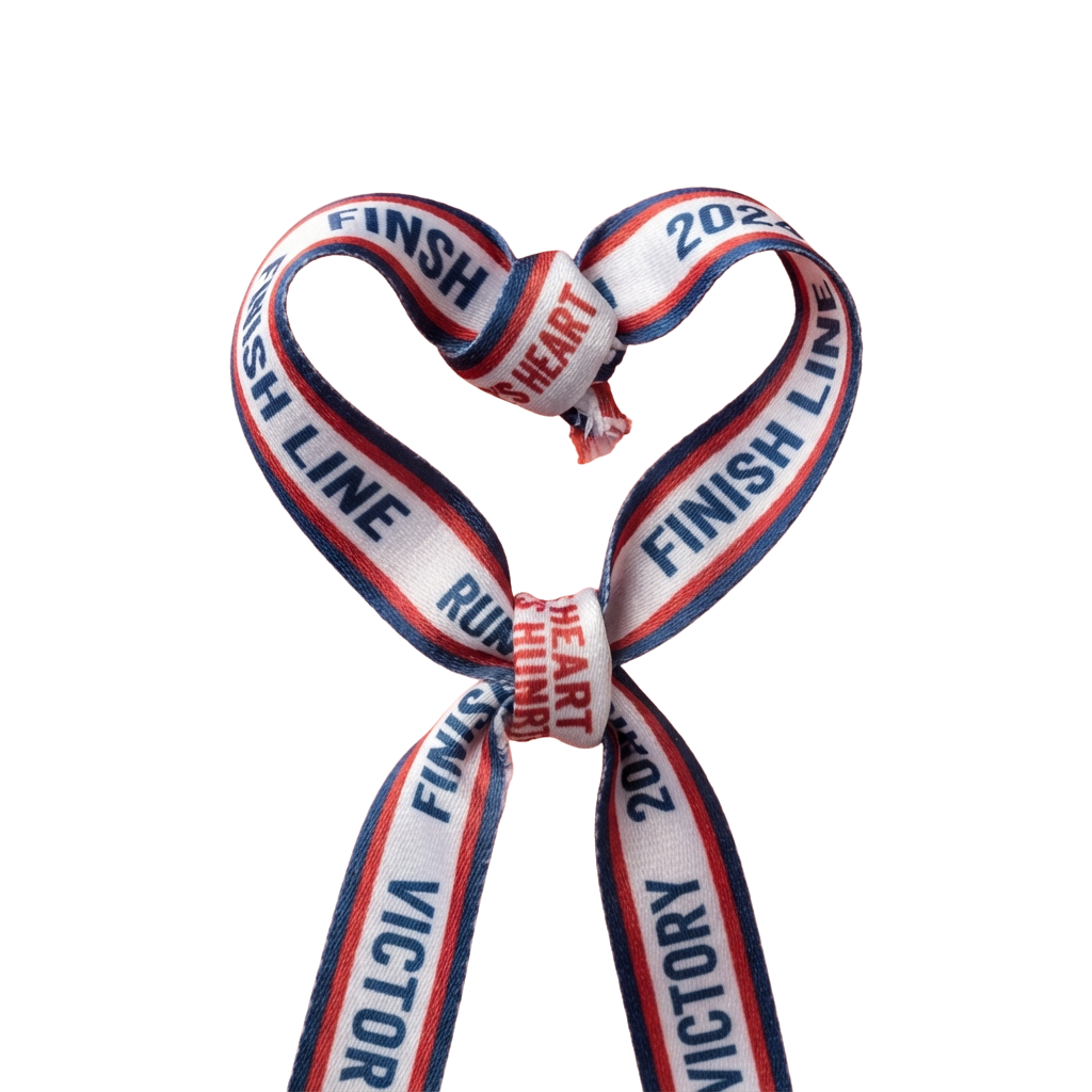 Heart-shaped ribbon made from a finish line runner victory ribbon with text and year 2023