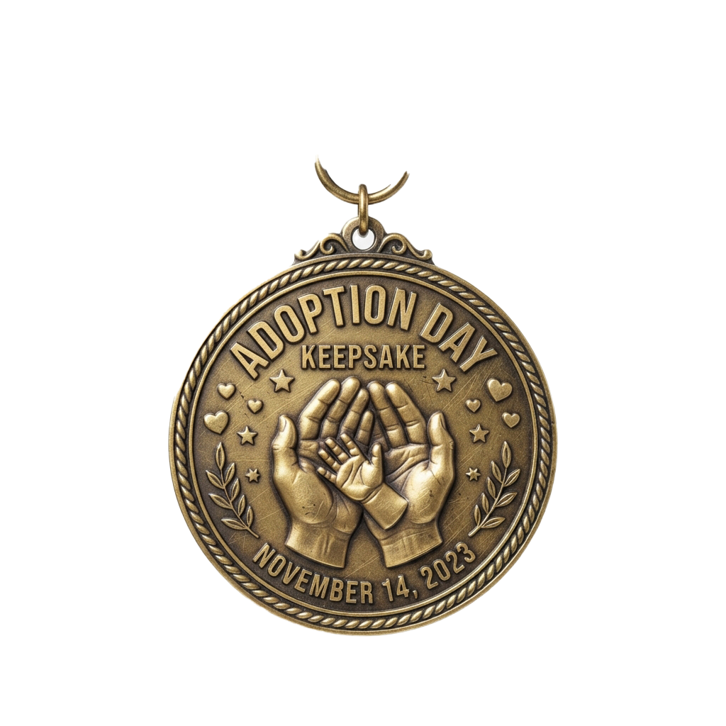 Gold-toned medallion with hands clasped and text reading Adoption Day Keepsake November 14, 2023