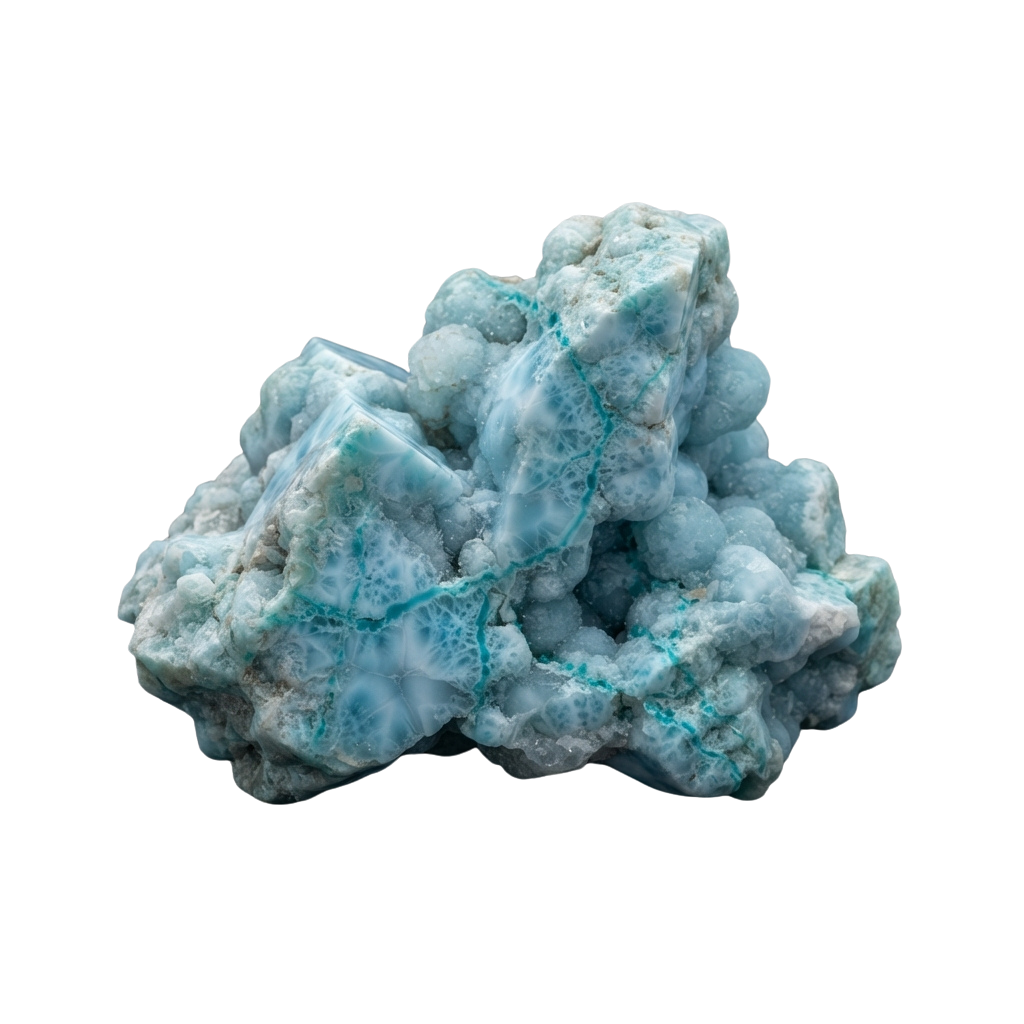 A rough, jagged cluster of blue aquamarine crystals with white matrix material