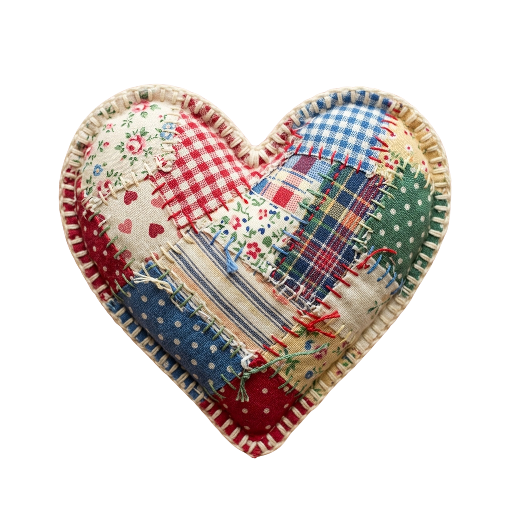 Heart-shaped stuffed toy made from colorful patchwork fabric with floral and plaid patterns.