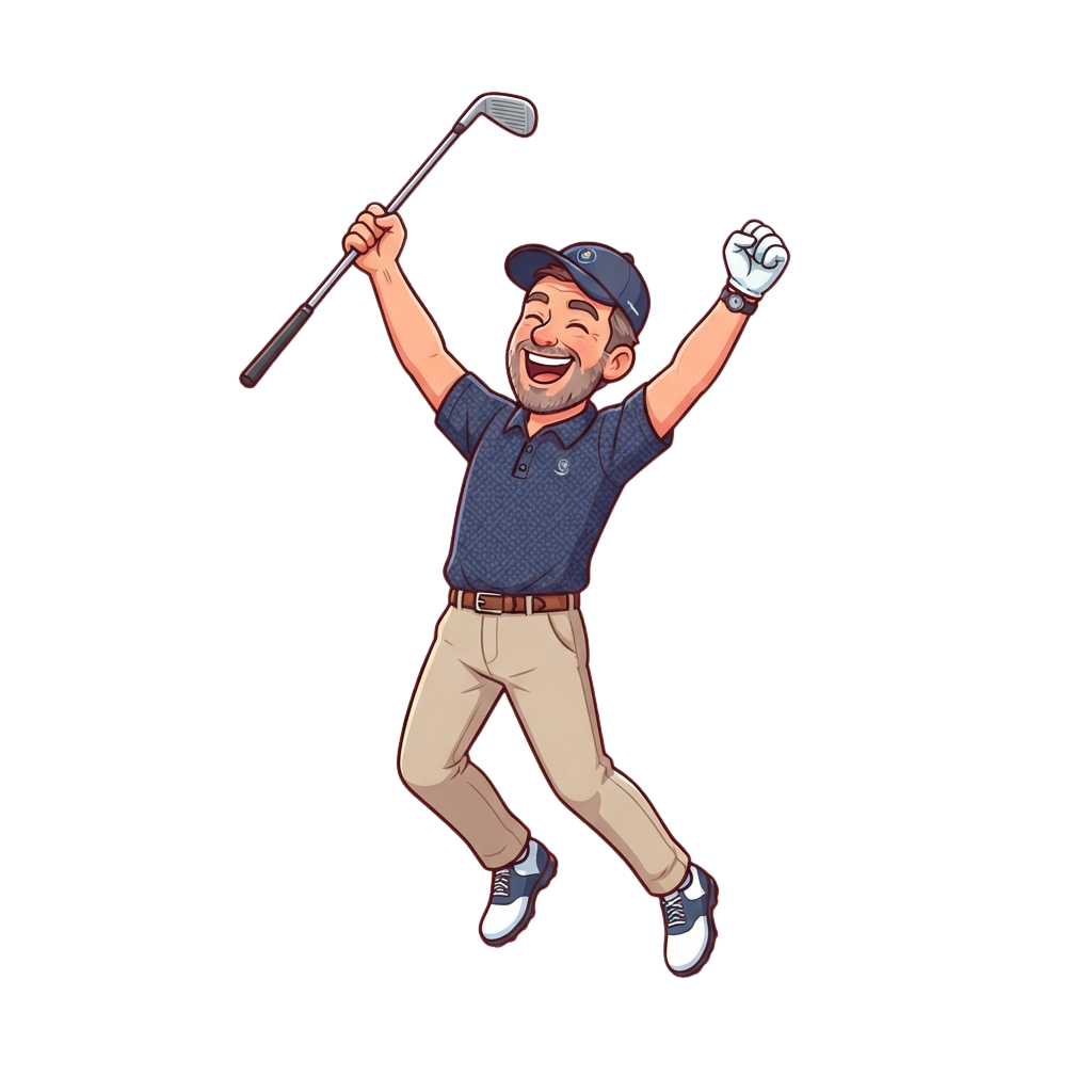 A cheerful golfer jumping in the air, holding a golf club in one hand and a golf ball in the other, wearing a cap, polo shirt, and trousers.