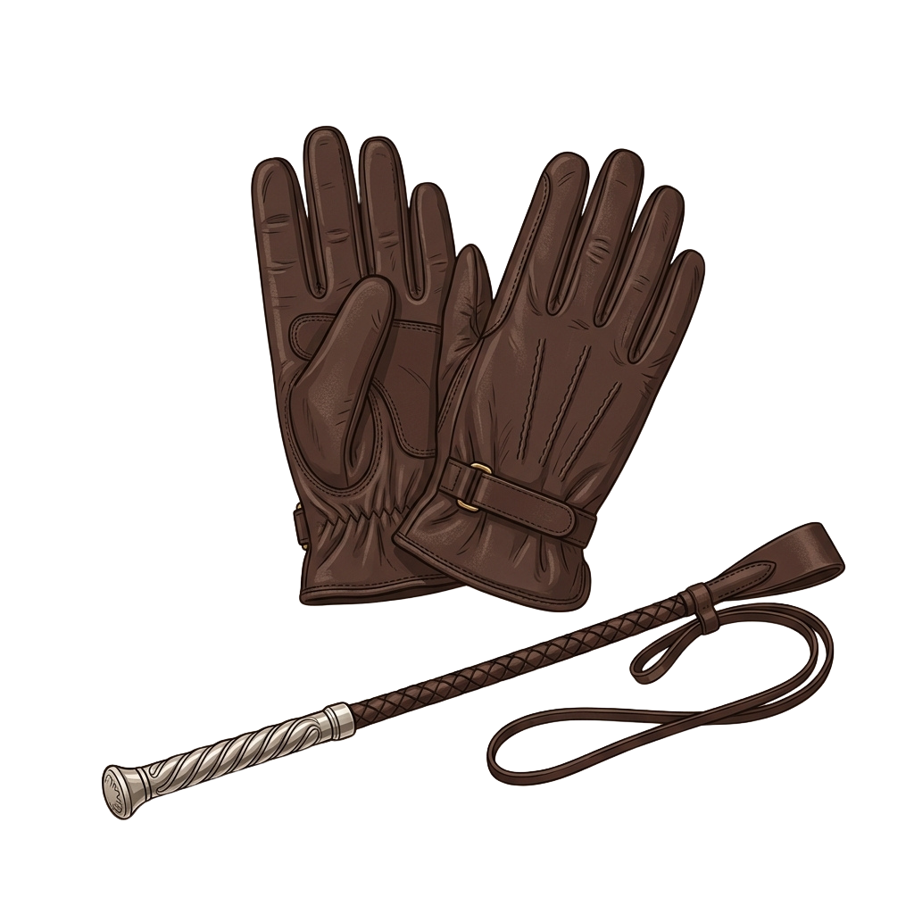 A pair of brown leather gloves with a cane attached by a wrist strap