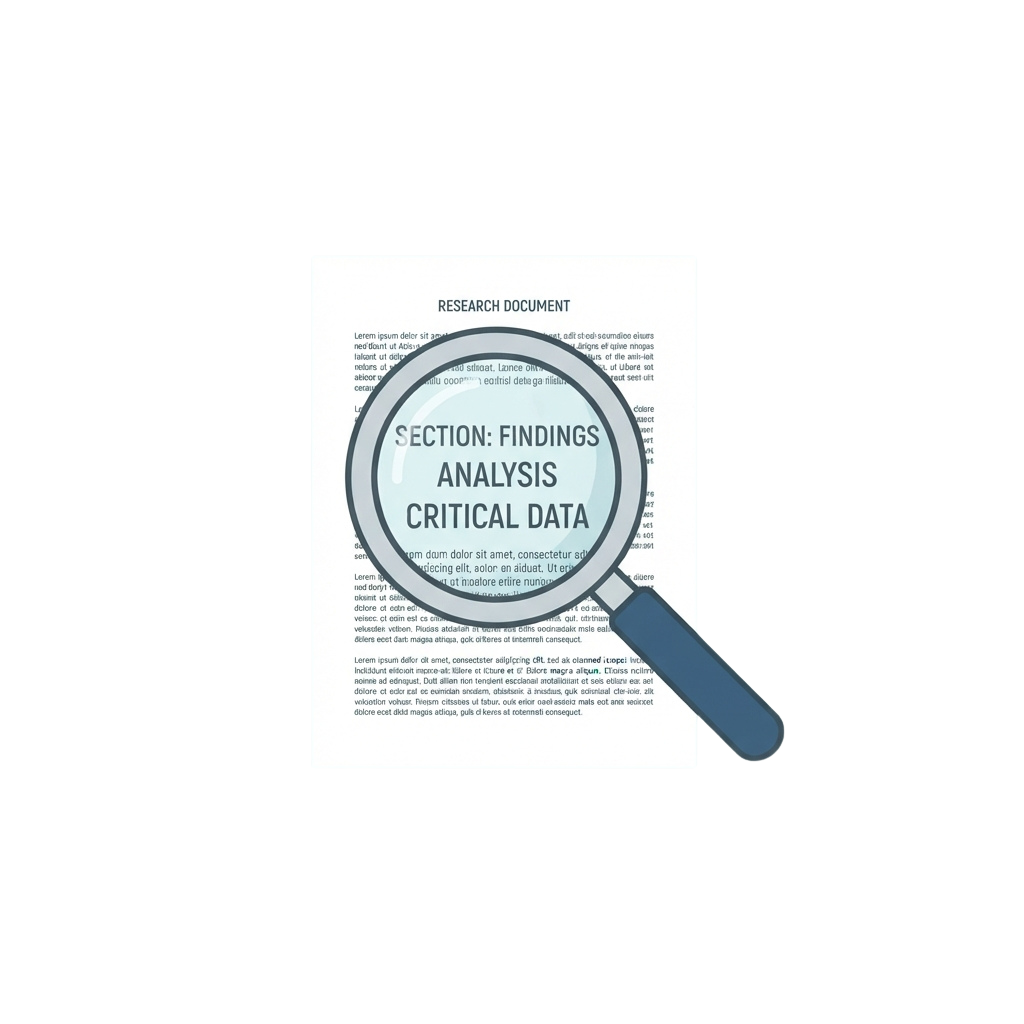 Magnifying glass focusing on Findings Analysis Critical Data section of a research document