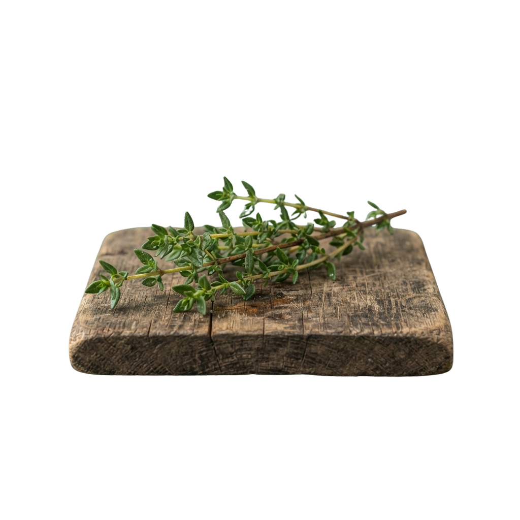 Fresh thyme sprig placed on a weathered wooden board