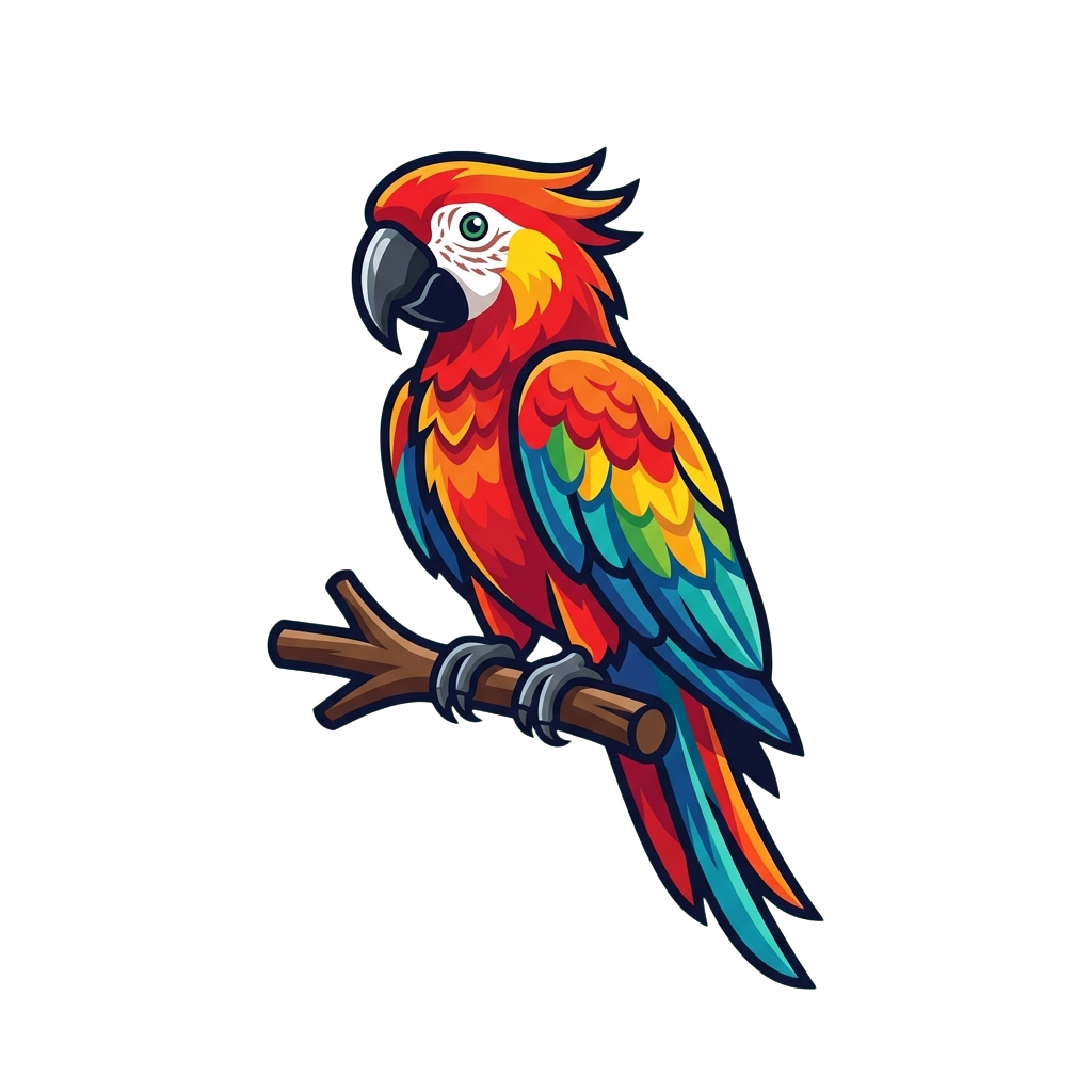 A vibrant cartoon parrot with red, blue, and yellow feathers sitting on a brown branch.