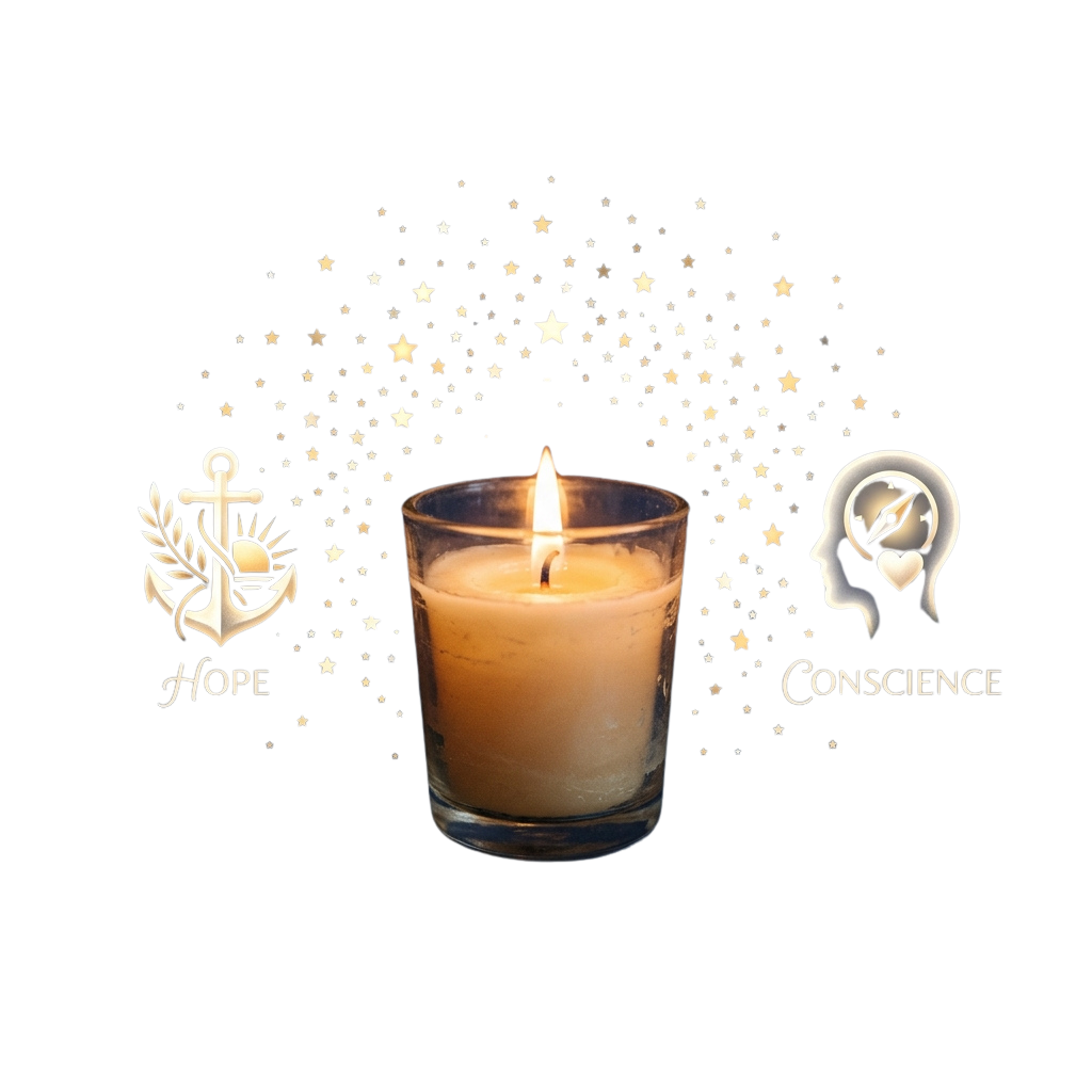 Lit candle centered between symbols of hope and conscience, surrounded by stars on a dark background