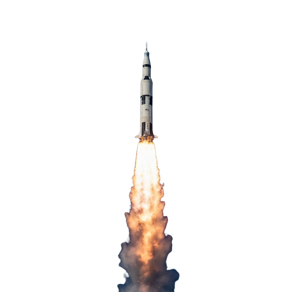 A powerful rocket launching vertically with bright flames and smoke against a dark night sky