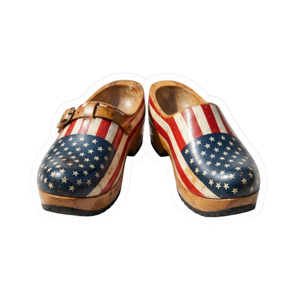 Pair of wooden clogs decorated with an American flag pattern