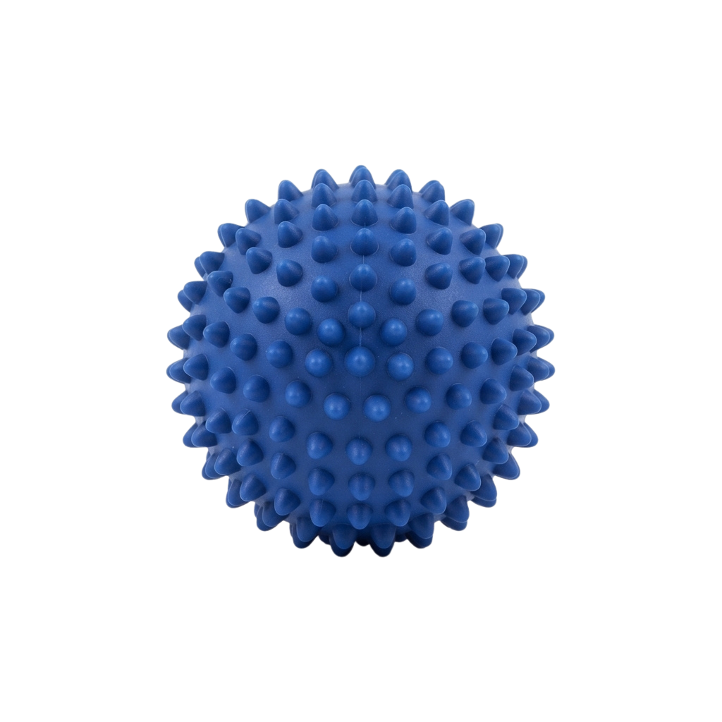 A blue spherical object with evenly spaced small spikes covering its surface