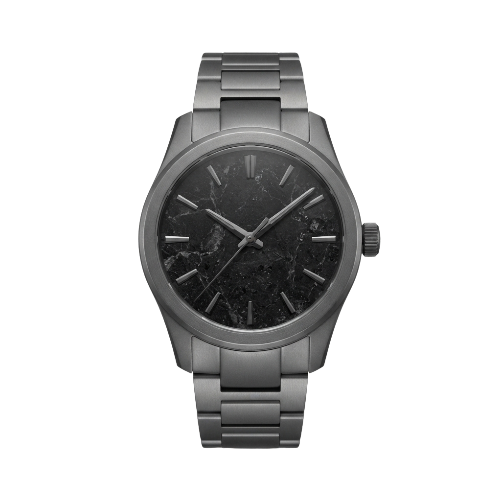 Stainless steel watch with a sleek bracelet and dark textured dial showing hour markers and hands