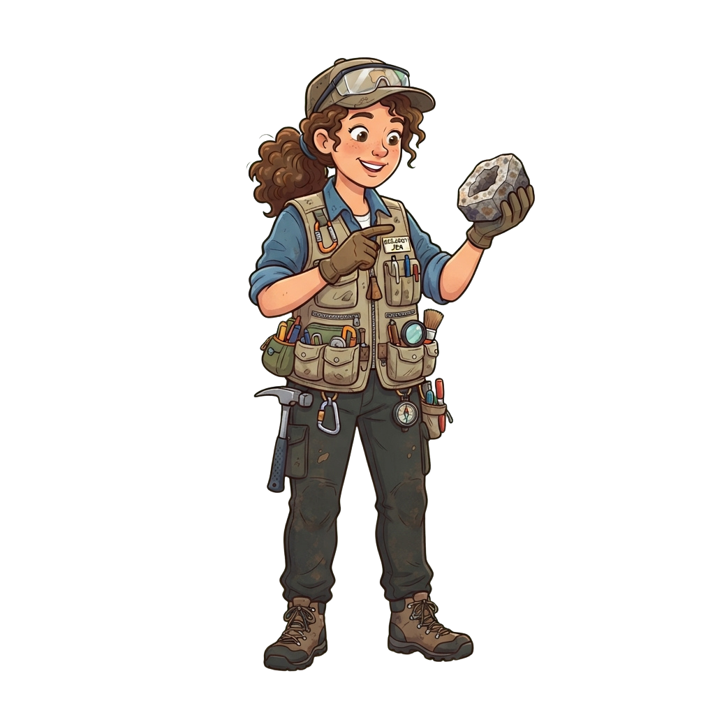 A smiling geologist in outdoor work attire holding a rock specimen and pointing with one hand