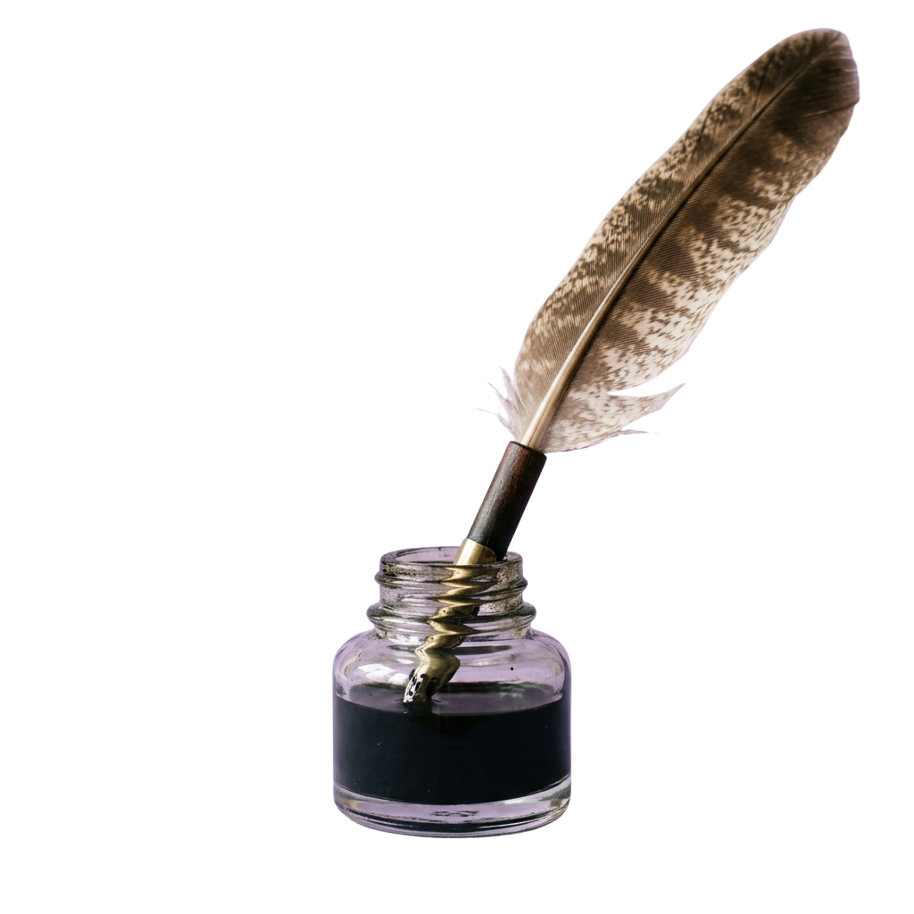 A feather quill pen resting in an inkwell filled with dark ink