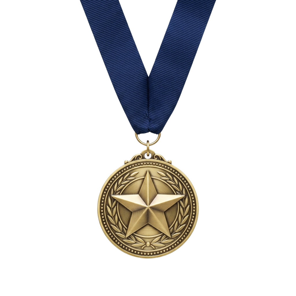 Gold-colored medal featuring a star and laurel wreath design, hanging from a blue ribbon