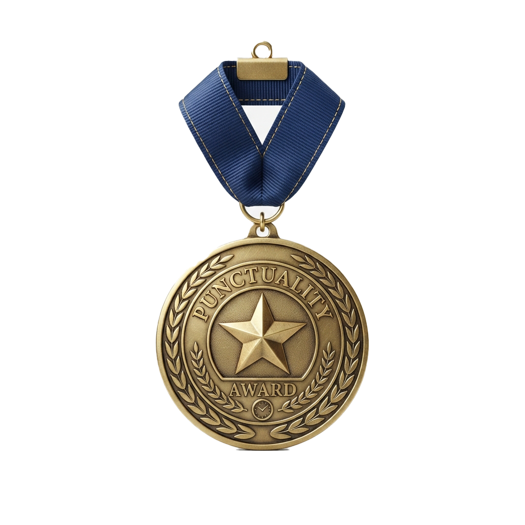 Gold-colored medal with star and laurel wreath, labeled Punctuality Award, on blue ribbon