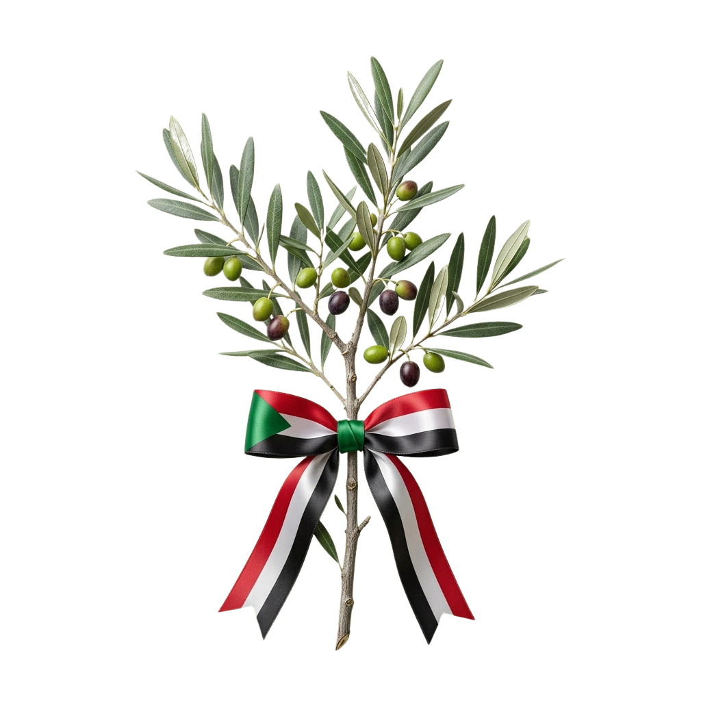 Olive branch with green leaves and olives tied with a red, black, white, and green ribbon