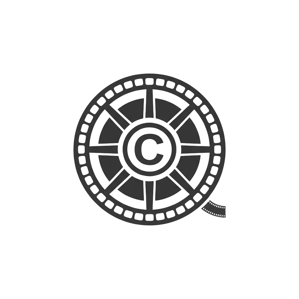 A circular film reel icon featuring a copyright symbol in the center
