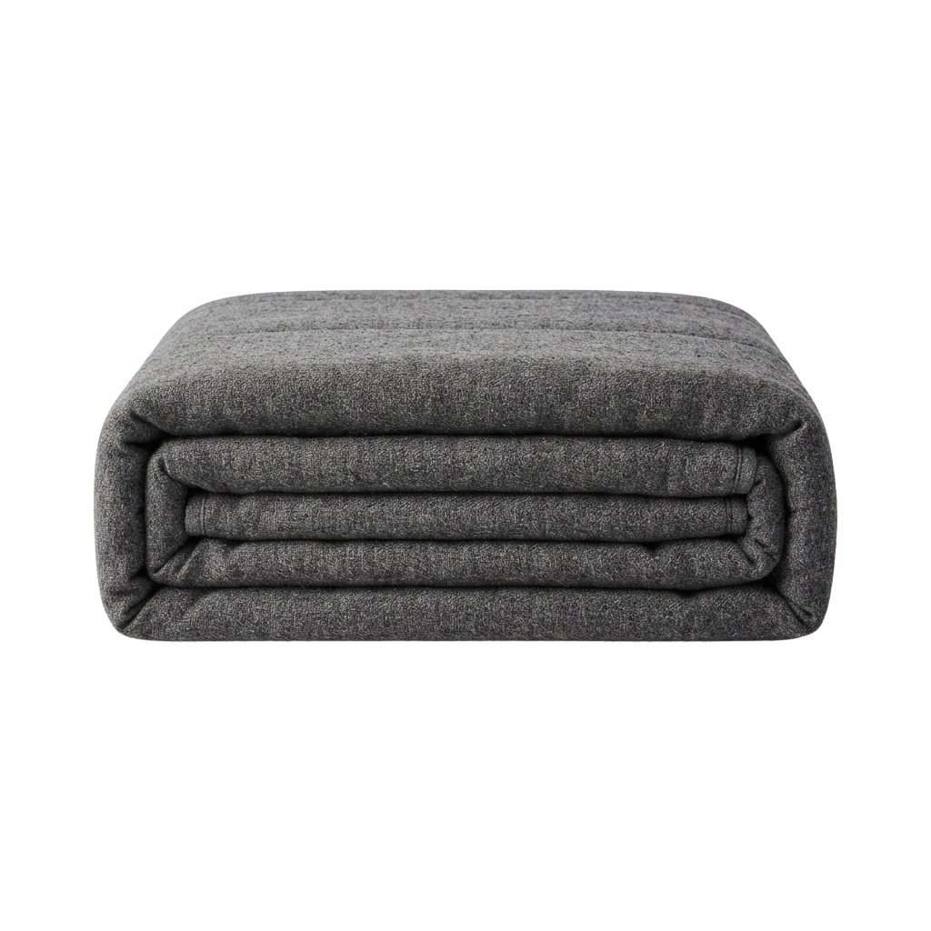 A neatly folded gray fleece throw blanket against a black background