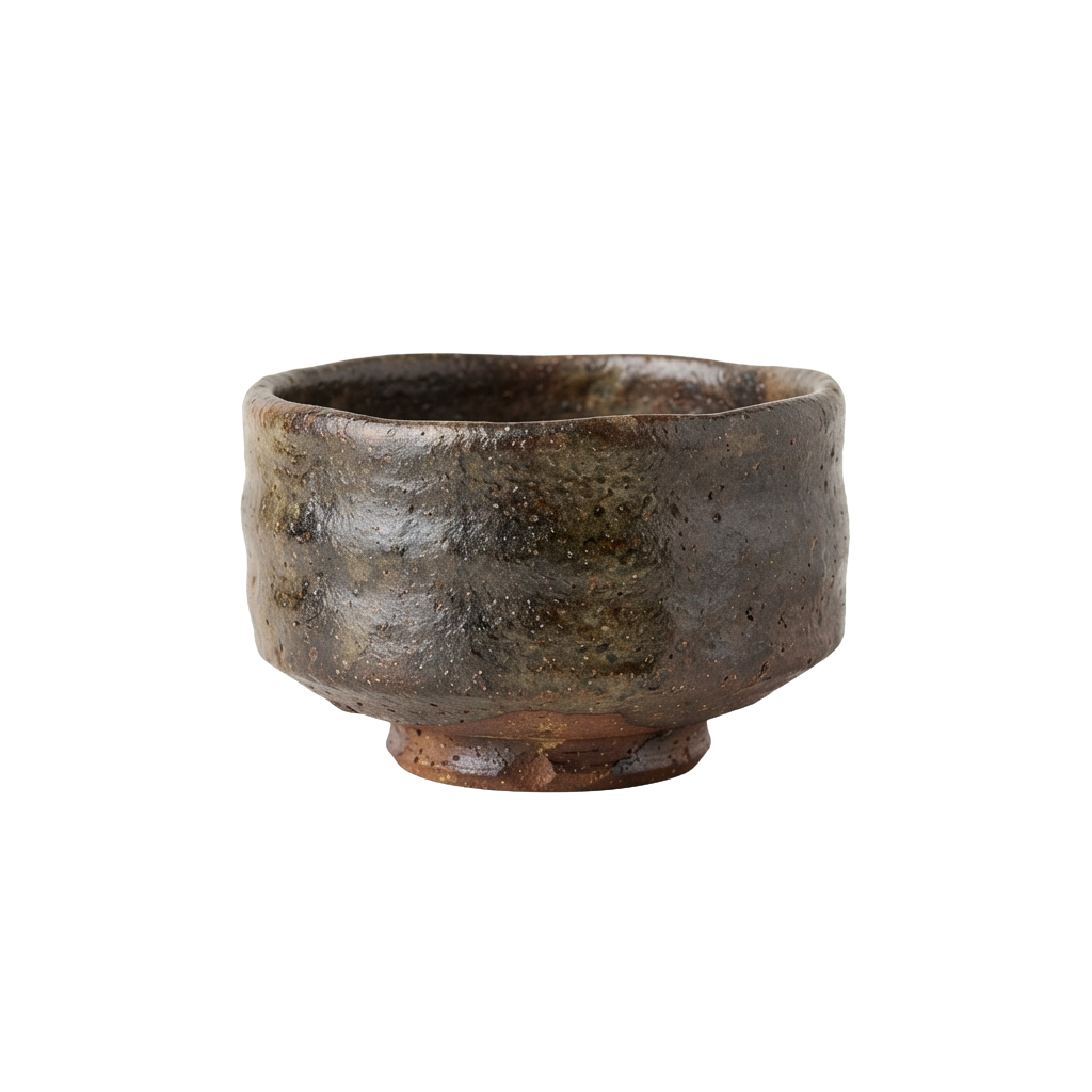 A handcrafted ceramic tea bowl with an organic, uneven glaze and earthy tones
