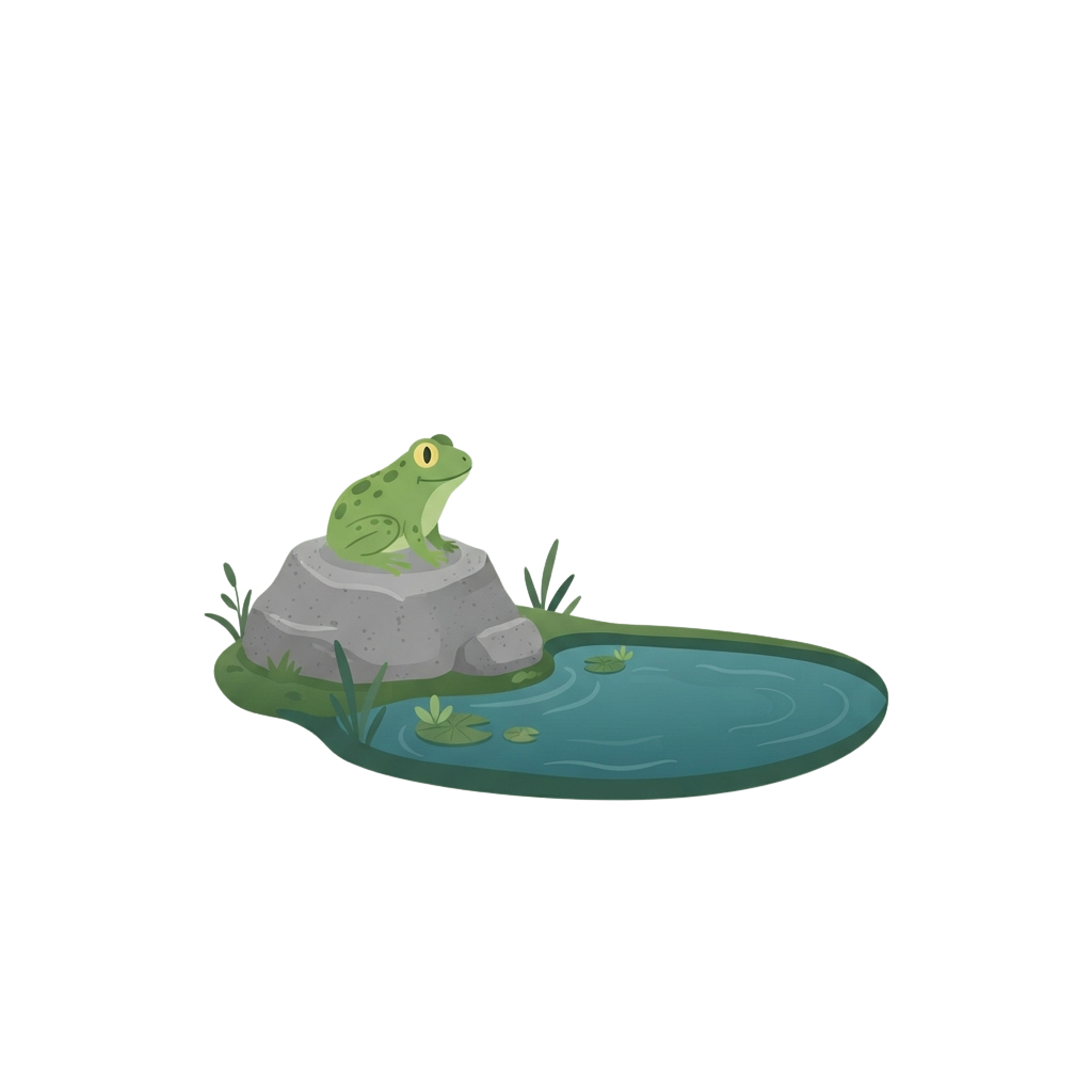 A green cartoon frog sitting on a gray rock beside a small pond with lily pads