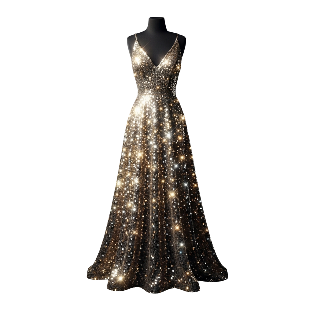 A long, shimmering gown with a deep V-neckline and thin straps, adorned with numerous small sparkling embellishments.