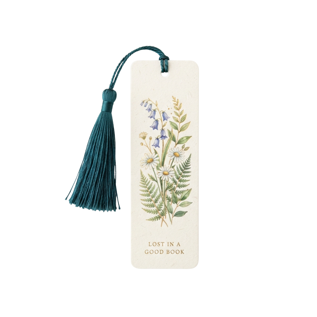 A rectangular bookmark featuring a floral illustration and a teal tassel, with text reading Lost in a Good Book