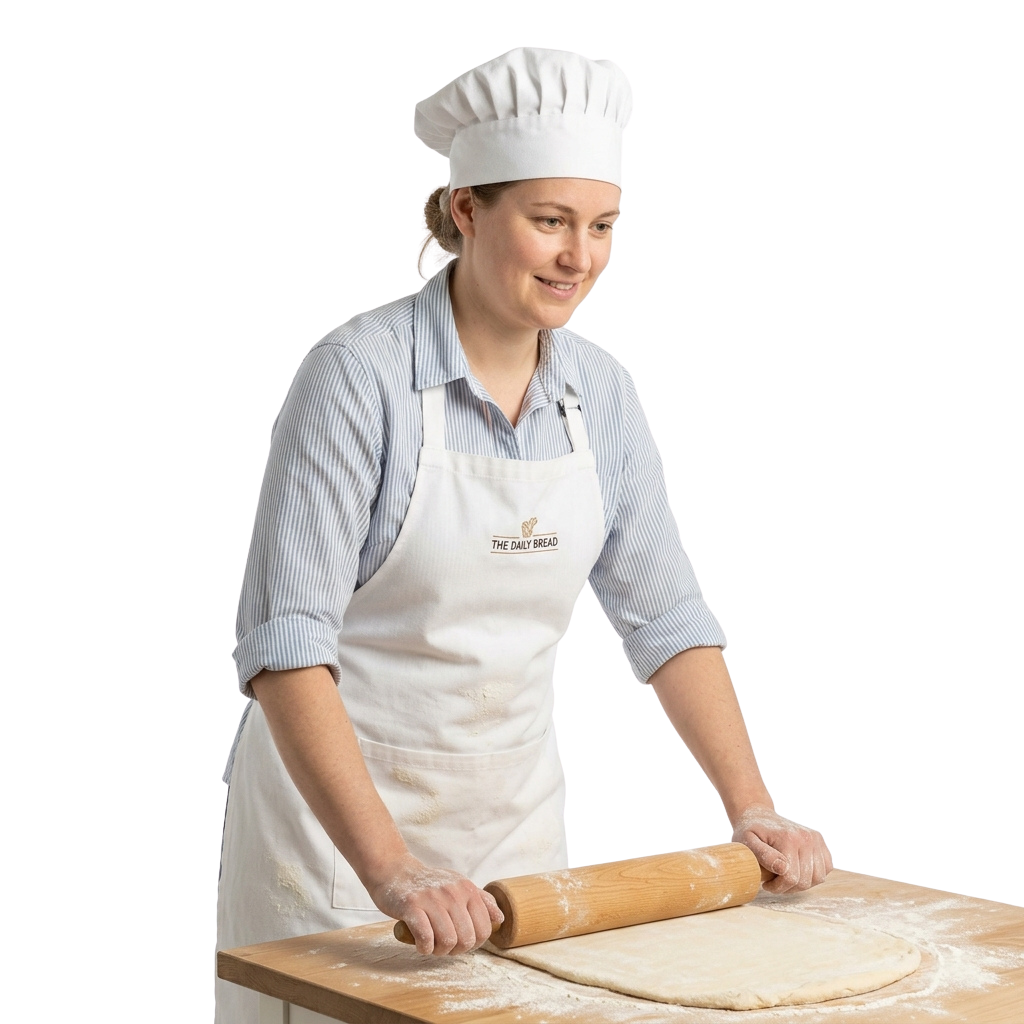 A chef in a white hat and apron rolling pizza dough on a wooden surface