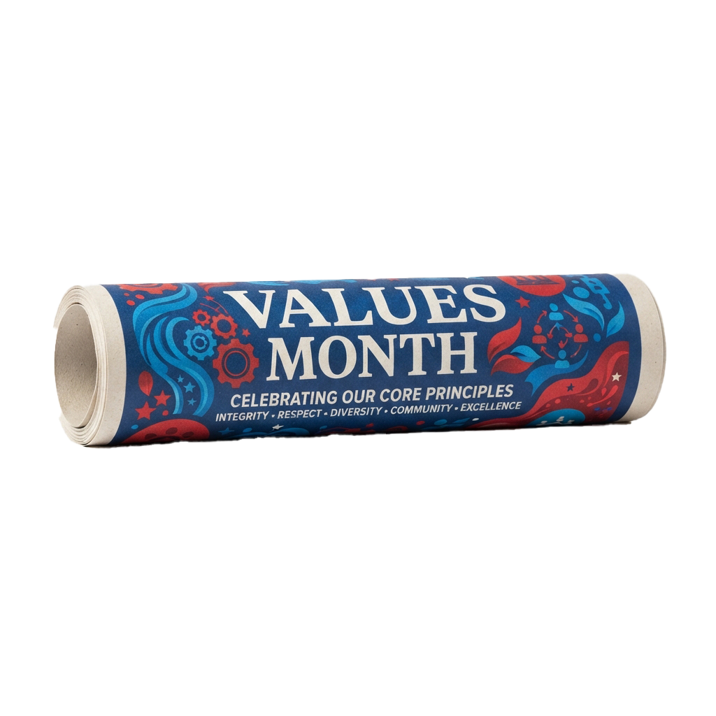 Roll of paper with Values Month text and colorful patterns promoting core principles like integrity and diversity